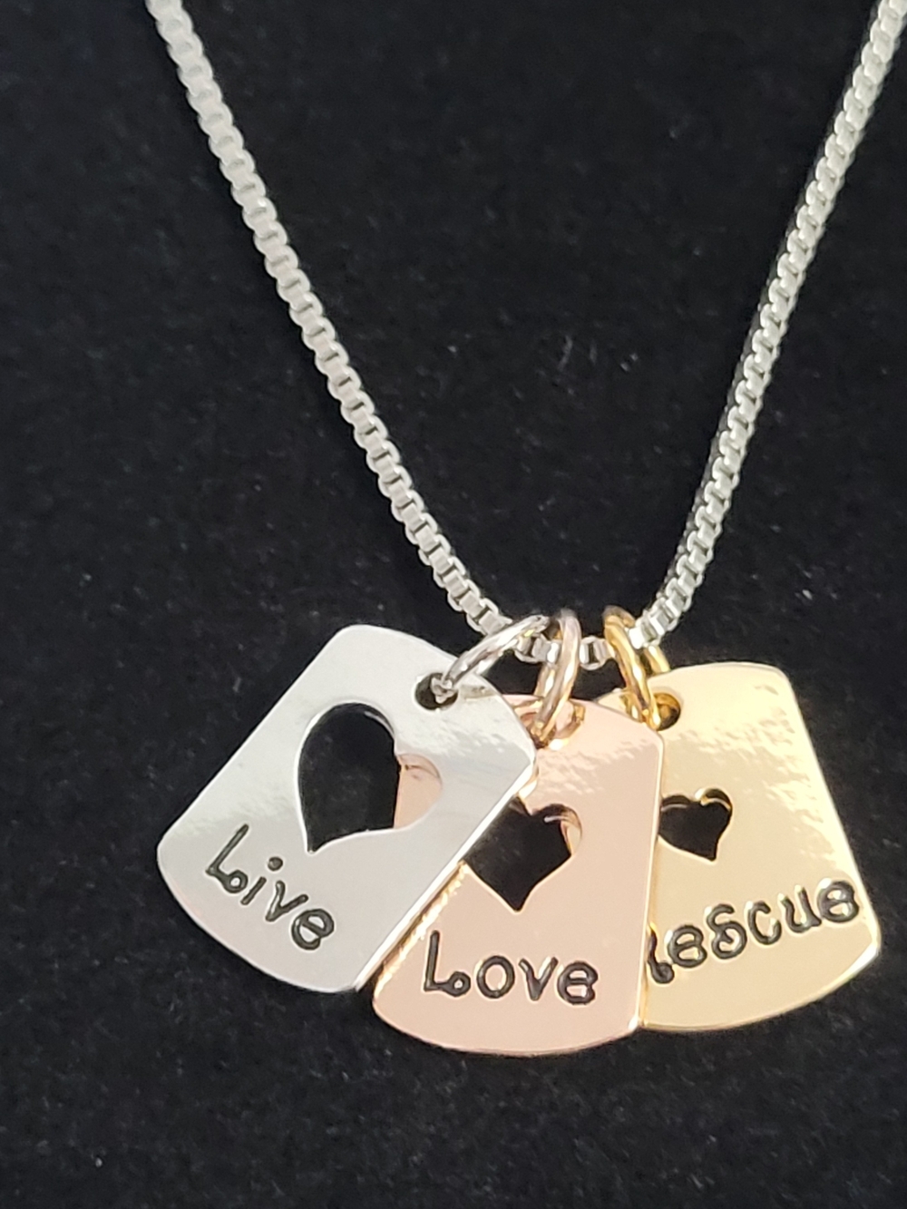 Live Love Rescue Heart Tag Trio Necklace - Silver, Rose Gold, Gold Dog Cat